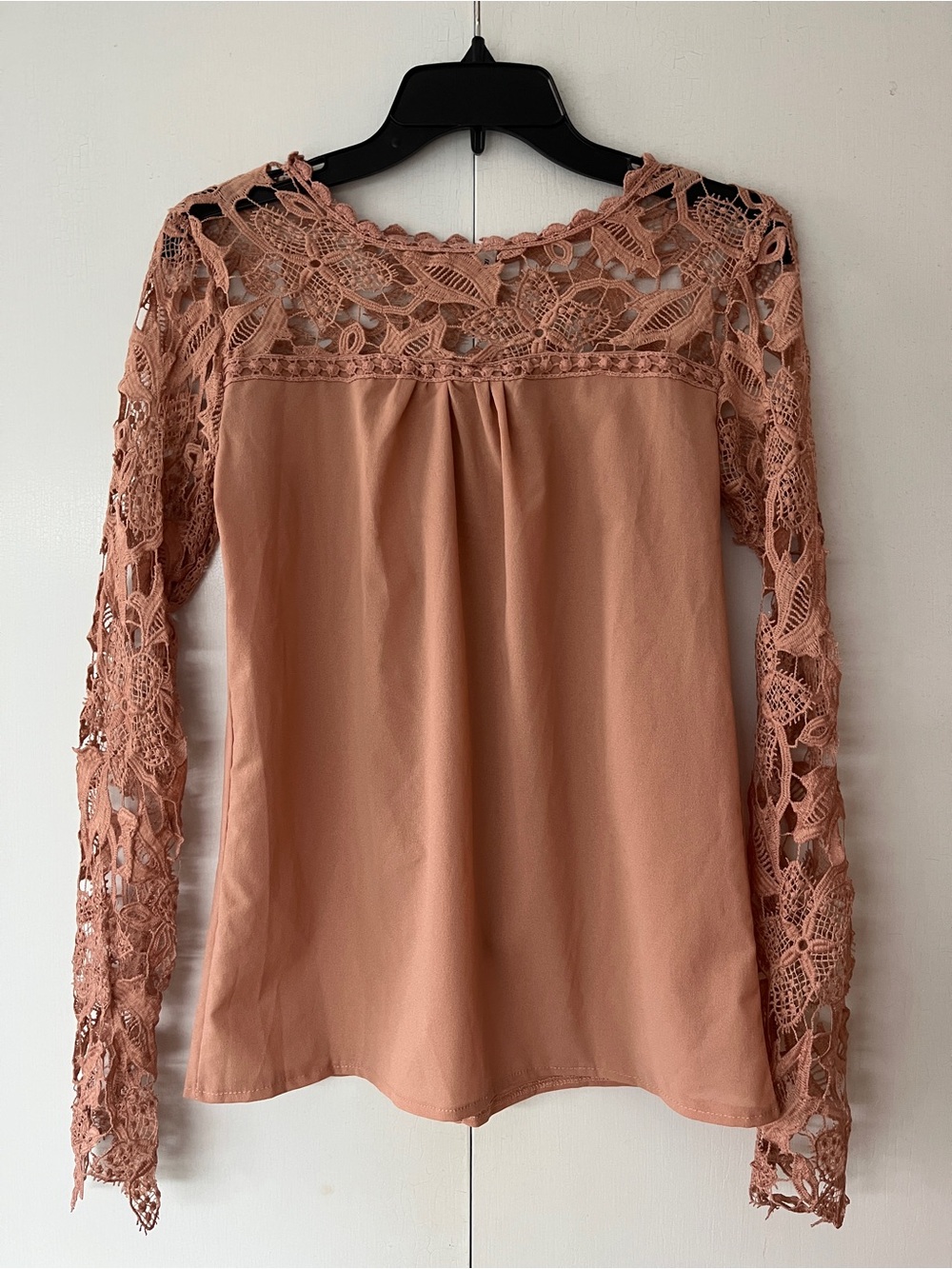 Lace Yoke Long-Sleeve Women's Top in Dusty Rose